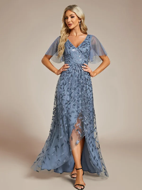 Flirty party dresses for fun-filled celebrations -Sequin Mesh High Low V-Neck Midi Evening Dress With Short Sleeves
