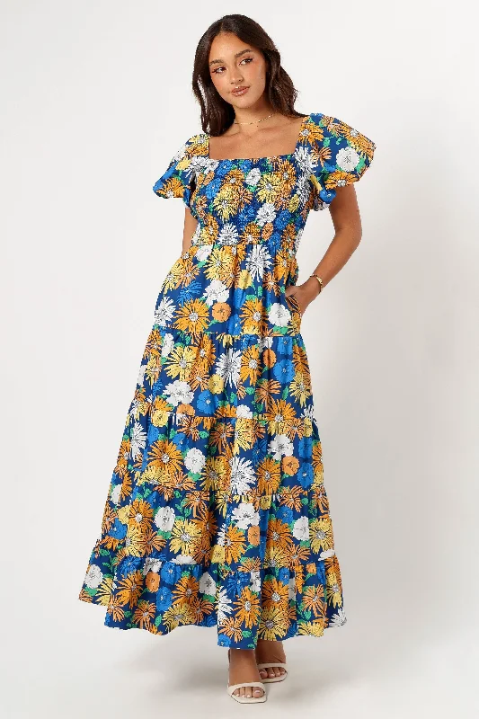 cocktail dresses with wrap skirts for adjustable fit --Elsie Short Sleeve Maxi Dress - Denim Blue