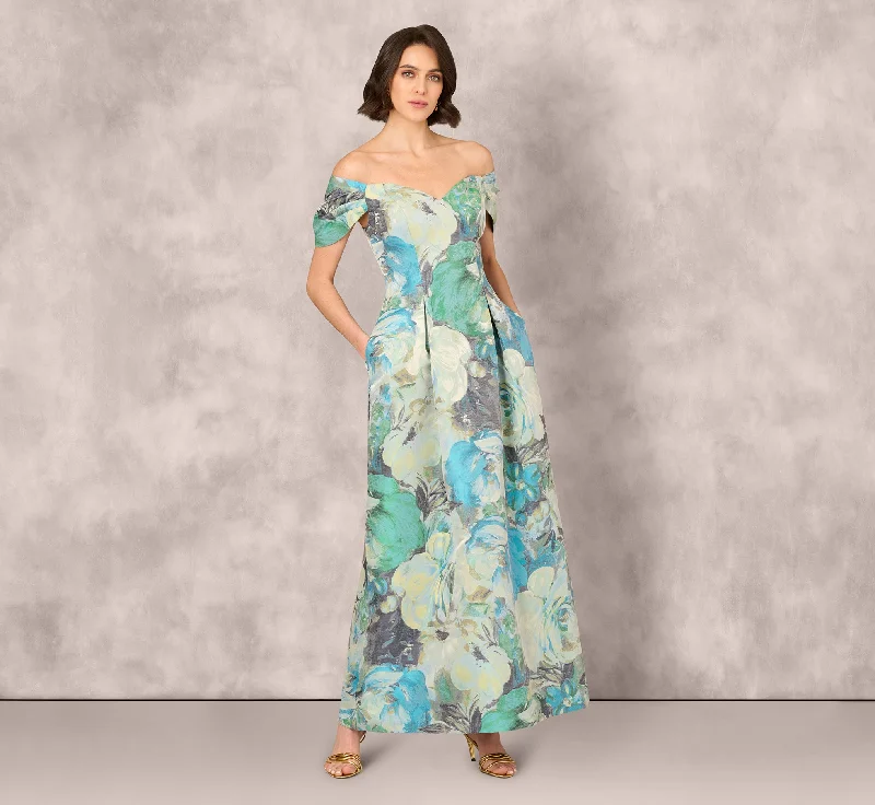 formal dresses for evening galas with sequin embellishments --Off Shoulder Floral Jacquard Pleated Gown In Blue Multi
