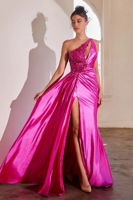 chiffon formal dresses for summer weddings outdoor --Embellished One Shoulder Satin Gown by Ladivine CDS454