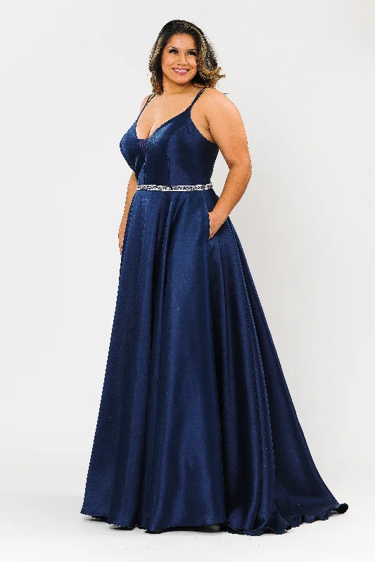 Trendy tiered dresses for wedding guests who want to stand out -Plus Size Long Deep V-Neck Mikado Dress by Poly USA W1106