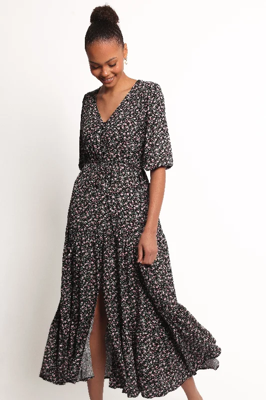 Spring dresses for a beach party with stylish cuts -Kelda Dress - Black Rosebud Floral