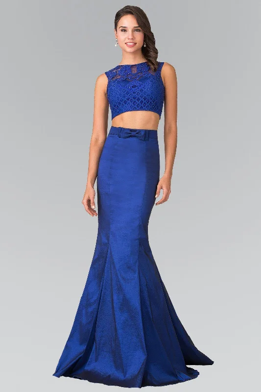 formal dresses for office parties with knee-length cuts --Long Two-Piece Mermaid Dress with Lace Top by Elizabeth K GL2354