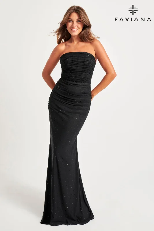 cocktail dresses with open backs for summer events --Beaded Mesh Fitted Strapless Gown by Faviana 11040