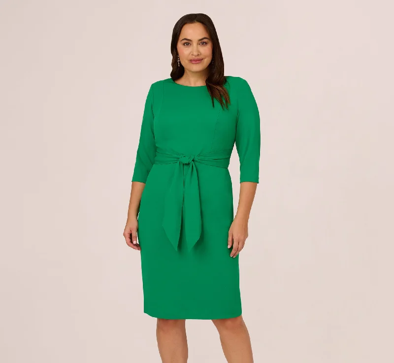 Spring dresses for travel with lightweight materials -Plus Size Knit Crepe Bow Sheath Dress With Three Quarter Sleeves In Vivid Green