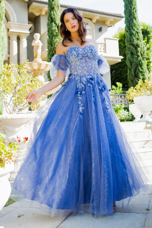 cocktail dresses with satin fabric for smooth texture --Applique Puff Sleeve Gown by Cinderella Couture 8042J