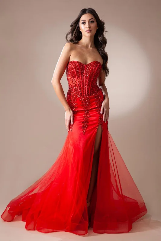 cocktail dresses with sweetheart necklines for romantic looks --Fitted Beaded Strapless Slit Gown by Amelia Couture 7051