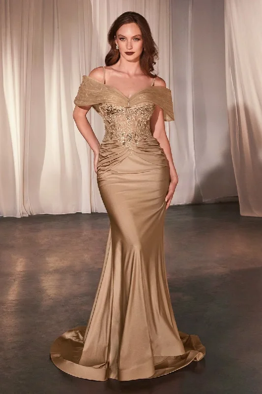 cocktail dresses with chiffon overlays for softness --Fitted Applique Satin Corset Gown by Ladivine CD798 - Outlet