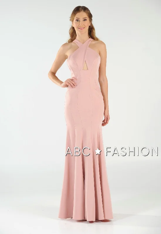 cocktail dresses with ruched bodices for flattering fit --Fit and Flare Long Dress with Keyhole Bodice by Poly USA 8058