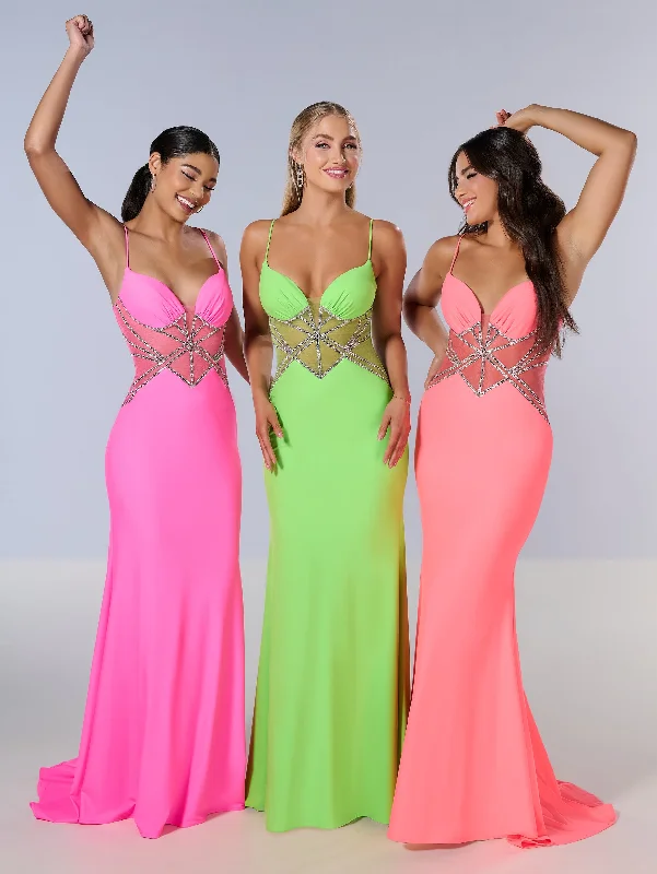 formal dresses with built-in shapewear for smooth figure --Jersey Fitted Sheer Bodice Gown by Tiffany Designs 16201