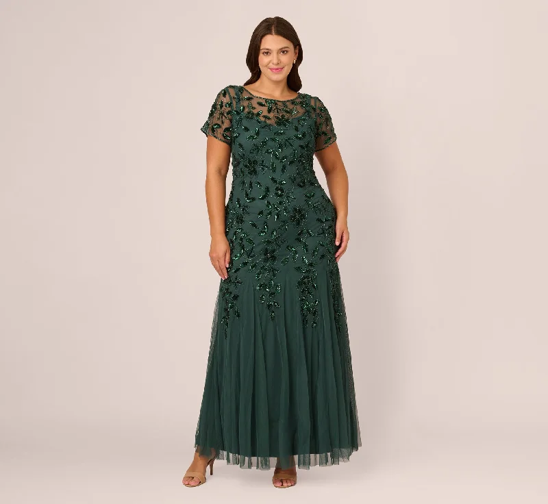 formal dresses with UV protection for outdoor ceremonies --Plus Size Hand Beaded Short Sleeve Floral Godet Gown In Dusty Emerald
