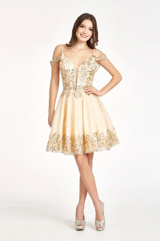 Stunning dresses for trendy party nights -Glitter Print Short Cold Shoulder Dress by Elizabeth K GS1997