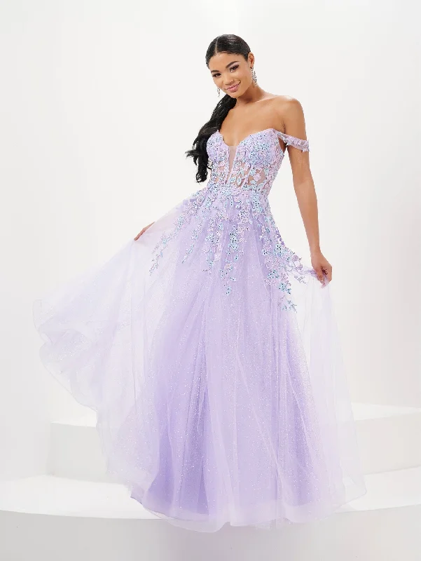 cocktail dresses with chiffon skirts for flowy movement --Floral Applique Sheer Corset Gown by Tiffany Designs 16113