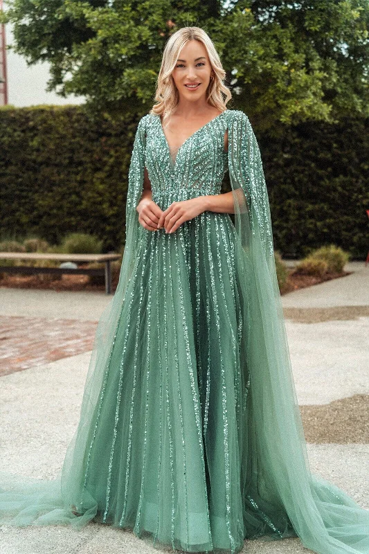 Wedding guest dresses for rustic barn weddings -Embellished Cape Sleeve A-line Gown by GLS Gloria GL3494
