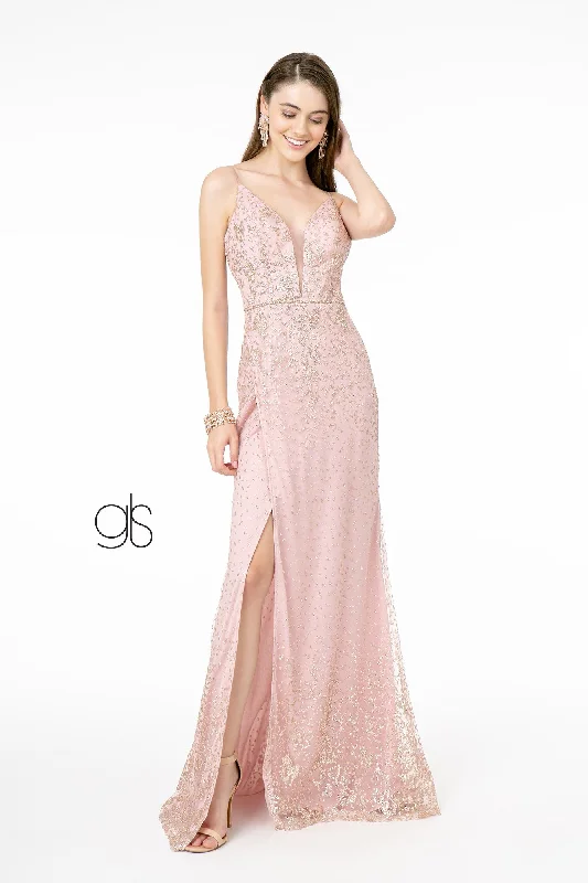 cocktail dresses with high necklines for modest occasions --Fitted V-Neck Glitter Gown by Elizabeth K GL1844