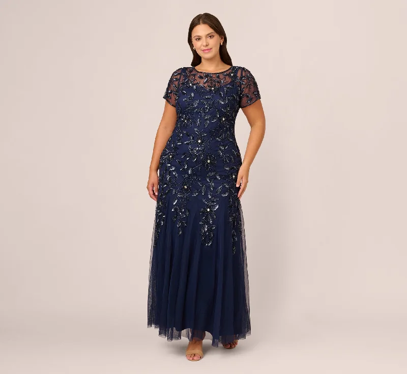 formal dresses with smart textile technology and LED accents --Plus Size Hand Beaded Short Sleeve Floral Godet Gown In Light Navy