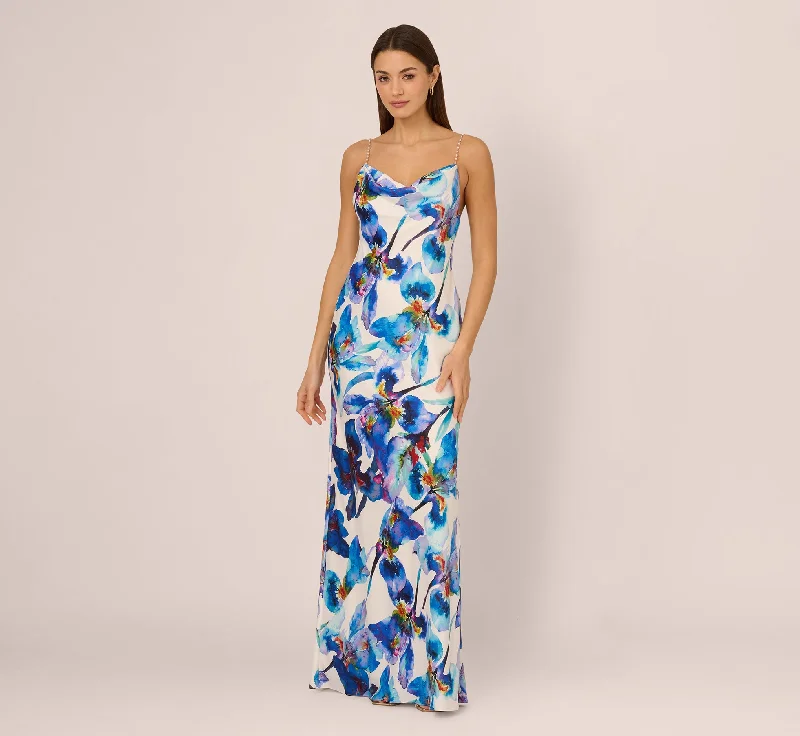formal dresses with floral embroidery for spring occasions --Embellished Strap Floral Satin Slip Dress In Blue Ivory Multi