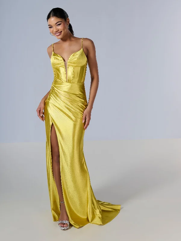 formal dresses for cocktail parties with fitted silhouettes --Jersey Fitted Corset Slit Gown by Tiffany Designs 16185
