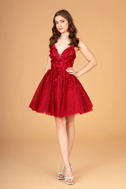Graduation dresses for college students with sophisticated details -3D Floral Short Glitter Dress by Elizabeth K GS3090