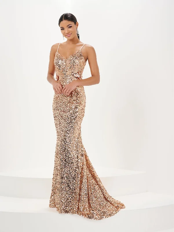 cocktail dresses with puffed sleeves for vintage flair --3D Floral Fitted Sequin V-Neck Gown by Tiffany Designs 16059