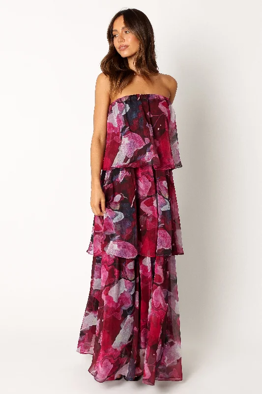 formal dresses with floral embroidery for spring occasions --Bloom Strapless Maxi Dress - Purple Floral