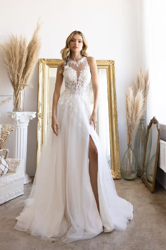 Gorgeous evening dresses for wedding guests -Halter A-line Slit Bridal Gown by Abby Lane 97205