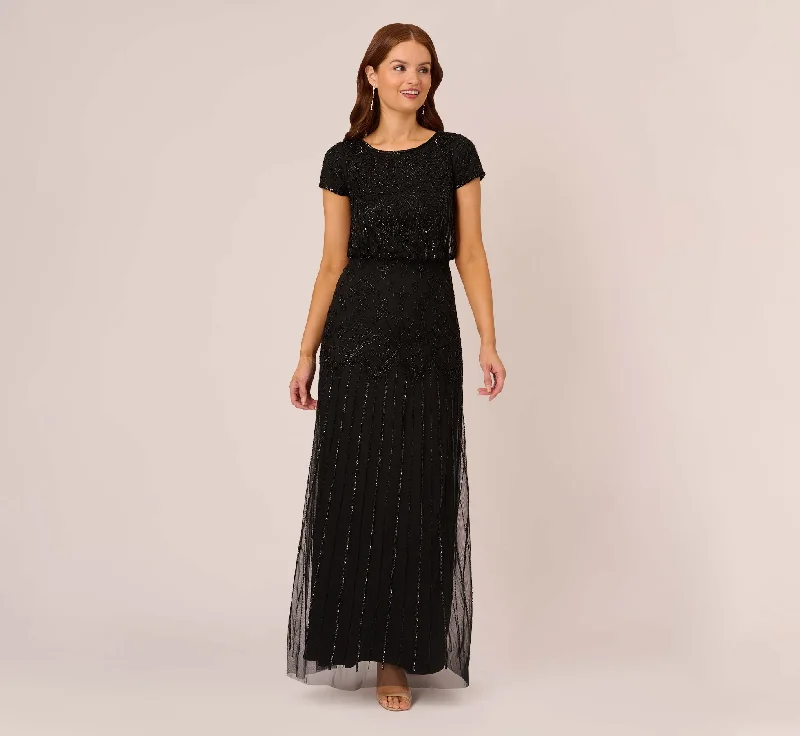 formal dresses with built-in bras for added support --Short Sleeve Blouson Beaded Gown In Black