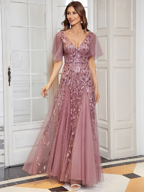 formal dresses with detachable capes for dramatic effect --Romantic Shimmery V Neck Ruffle Sleeves Maxi Long Evening Gowns