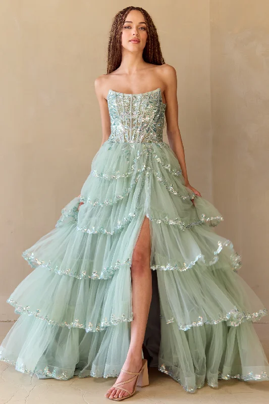 cocktail dresses with embroidered sleeves for elegance --Strapless Layered A-line Gown by Amelia Couture 4033