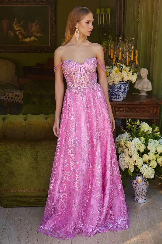 cocktail dresses with pleated skirts for elegant flow --Off Shoulder A-line Slit Gown by Elizabeth K GL3628