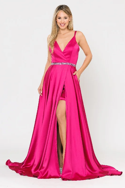cocktail dresses with floral patterns for spring events --Long Satin V-Neck Dress with Short Skirt by Poly USA 8604