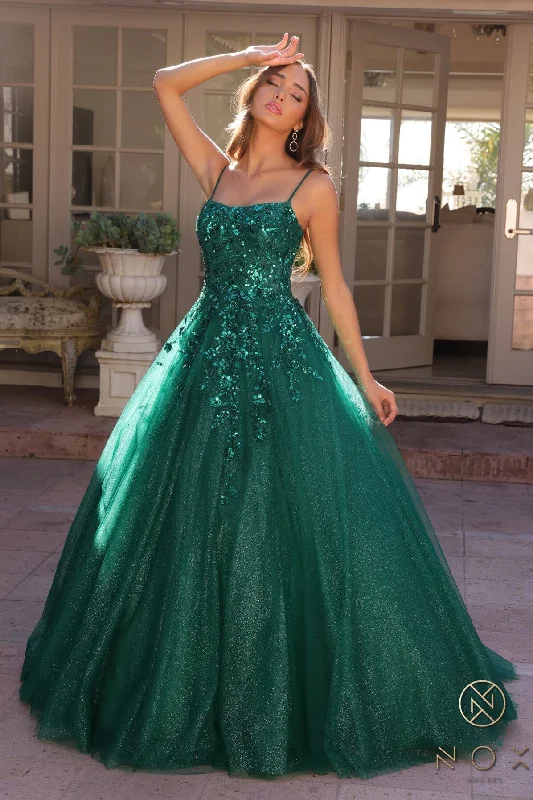 cocktail dresses with backless design for summer parties --Sequin Applique Sleeveless Ball Gown by Nox Anabel H1464