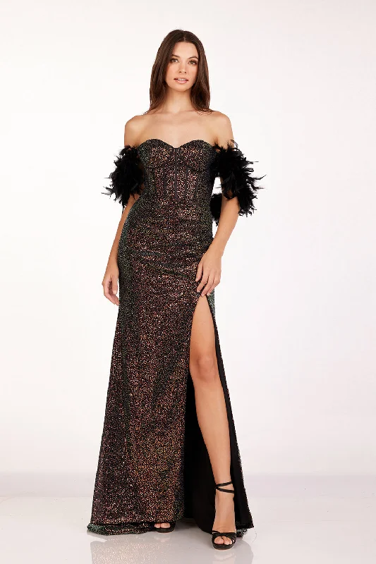 cocktail dresses with sequined accents for festive look --Feather Off Shoulder Slit Gown by Abby Paris 90254