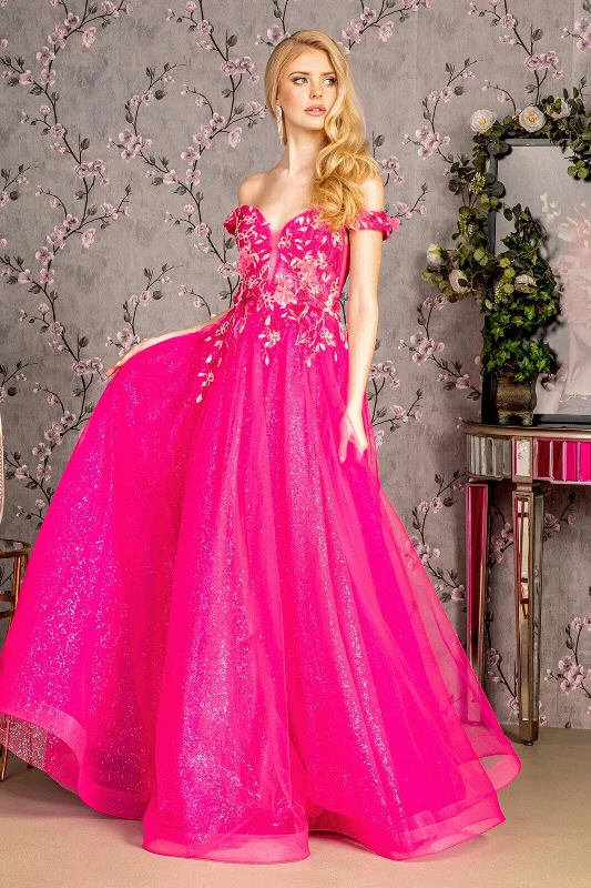 cocktail dresses with satin sashes for waist accentuation --3D Floral Off Shoulder A-line Gown by GLS Gloria GL3443