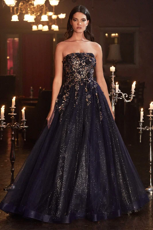 Best wedding guest dresses for destination weddings by the beach -Strapless Glitter Ball Gown by Cinderella Divine CD955