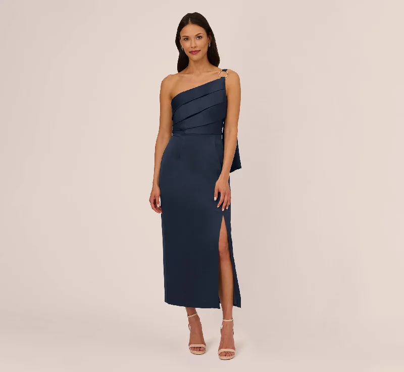formal dresses with tiered skirts for volume and movement --Satin Crepe One Shoulder Gown With Metal Ring Accent In Dark Navy