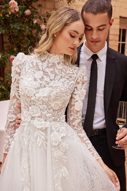 formal dresses for winter balls with faux fur accents --Applique Long Sleeve Bridal Gown by Ladivine CDS433W