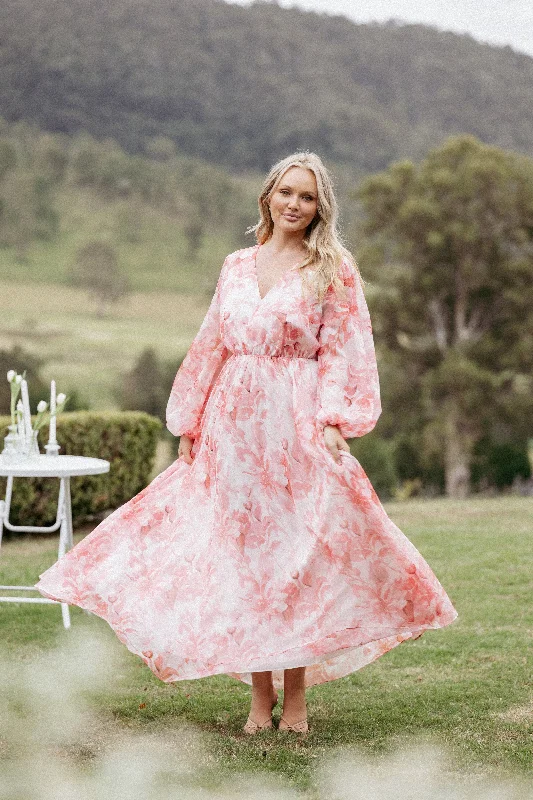 Wedding guest dresses in jewel tones for fall and winter weddings -Anisa Maxi Dress - Pink Floral
