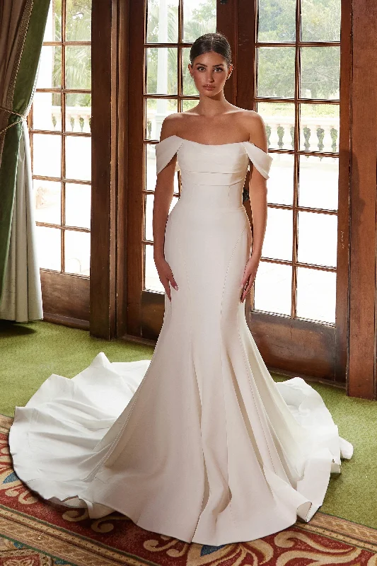elegant cocktail dresses for summer weddings with floral prints --Satin Off Shoulder Bridal Gown by Nox Anabel JW1032