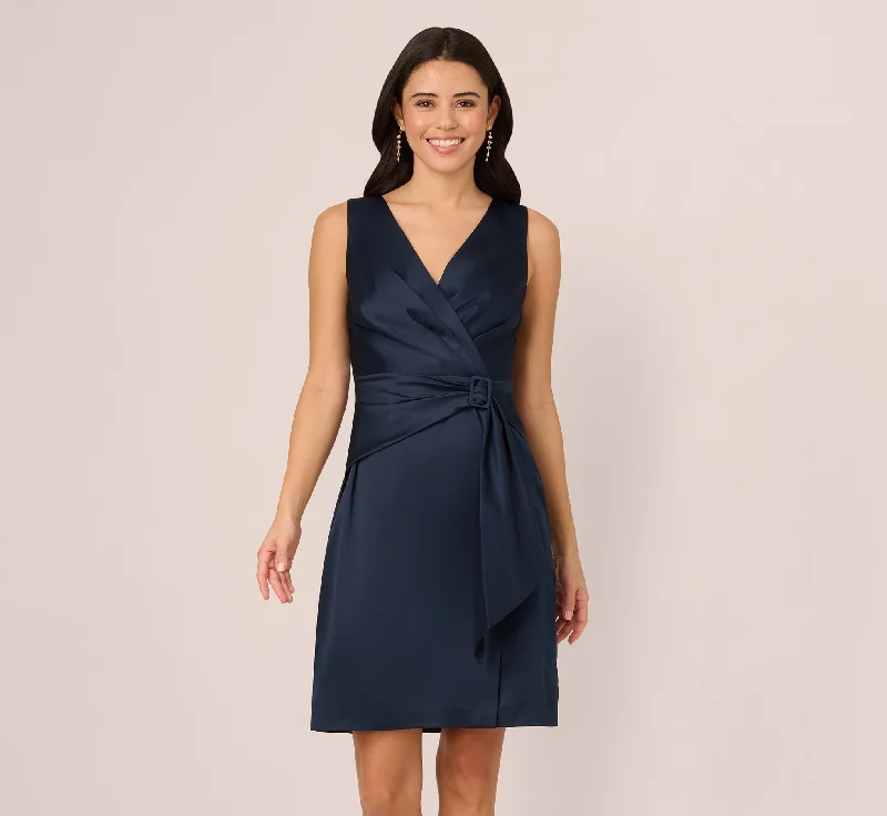 Chic spring dresses with minimal embellishments -Sleeveless Satin Draped Short Dress In Dark Navy