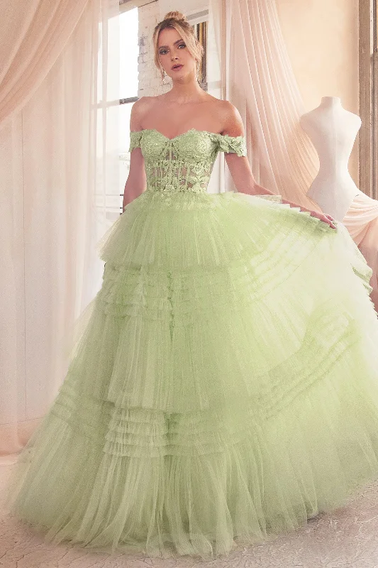 cocktail dresses with sequin skirts for party nights --Off Shoulder Corset Layered Tulle Gown by Ladivine 9315