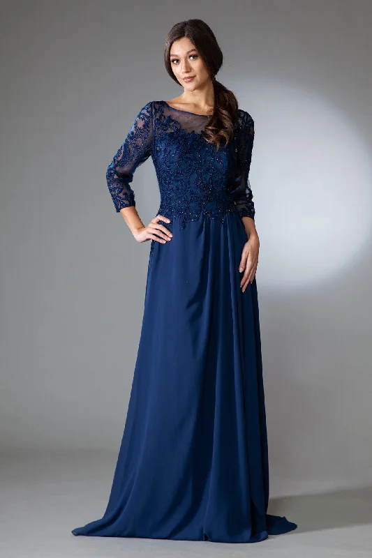 Satin wedding guest dresses for evening elegance -Embroidered 3/4 Sleeve Chiffon Gown by Amelia Couture 7043