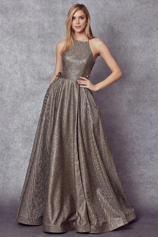 cocktail dresses with sweetheart necklines for romantic looks --Halter Metallic Gown with Lace-Up Sides by Juliet 241
