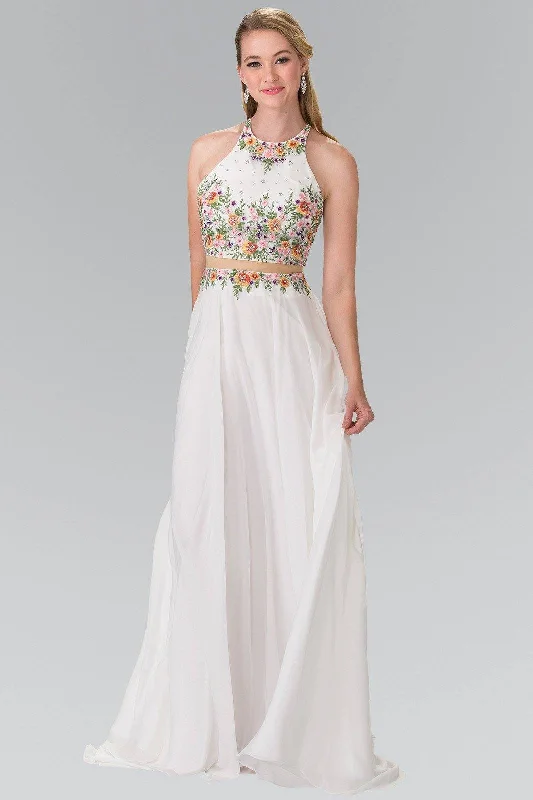 formal dresses with built-in shapewear for smooth figure --Long Mock Two-Piece Floral Embroidered Dress by Elizabeth K GL2340