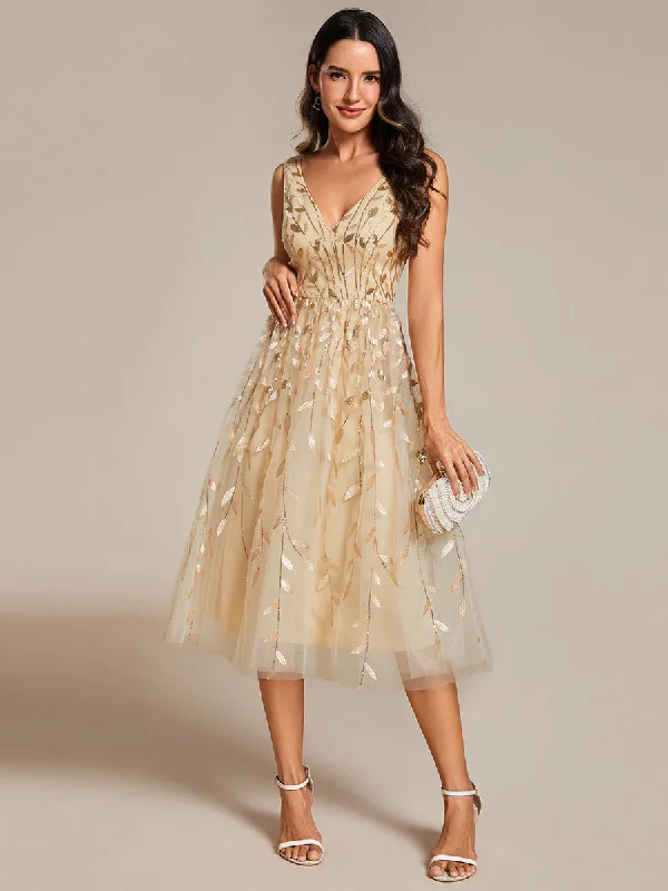 formal dresses for post-surgery patients with easy closures --V-Neck Sequin Midi Wedding Guest Dress With Sleeveless