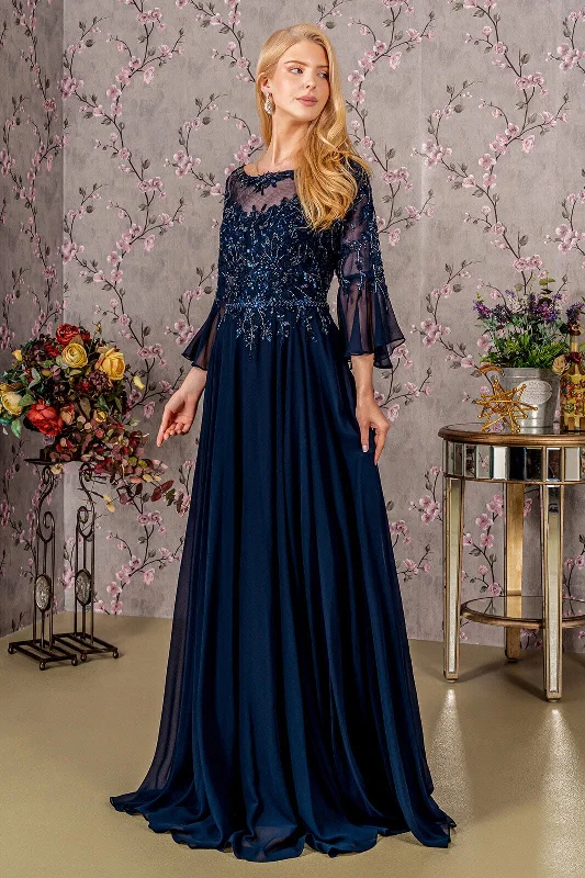 Wedding guest dresses for grand ballroom weddings -Beaded Chiffon 3/4 Sleeve A-line Gown by GLS Gloria GL3434