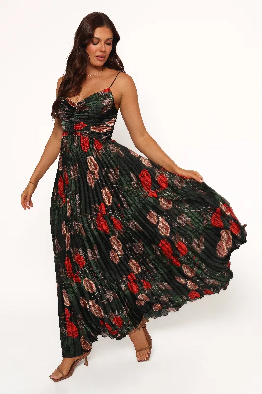 formal dresses with tiered skirts for volume and movement --Naira Pleated Maxi Dress - Green Floral