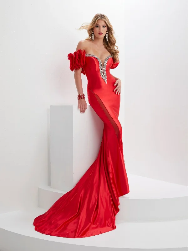 Wedding guest dresses with eye-catching prints for a bold look -Beaded Satin Off Shoulder Mermaid Dress by Panoply 14126