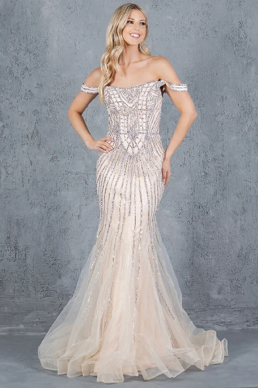 formal dresses with floral embroidery for spring occasions --Beaded Off Shoulder Gown by Cinderella Couture 8271J