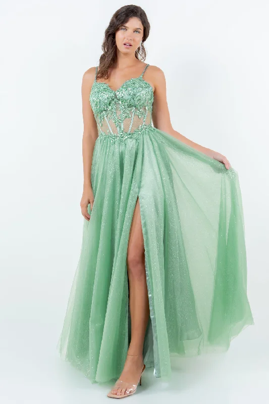 cocktail dresses with mesh necklines for modern appeal --Sleeveless A-line Slit Gown by Cinderella Couture 8238J